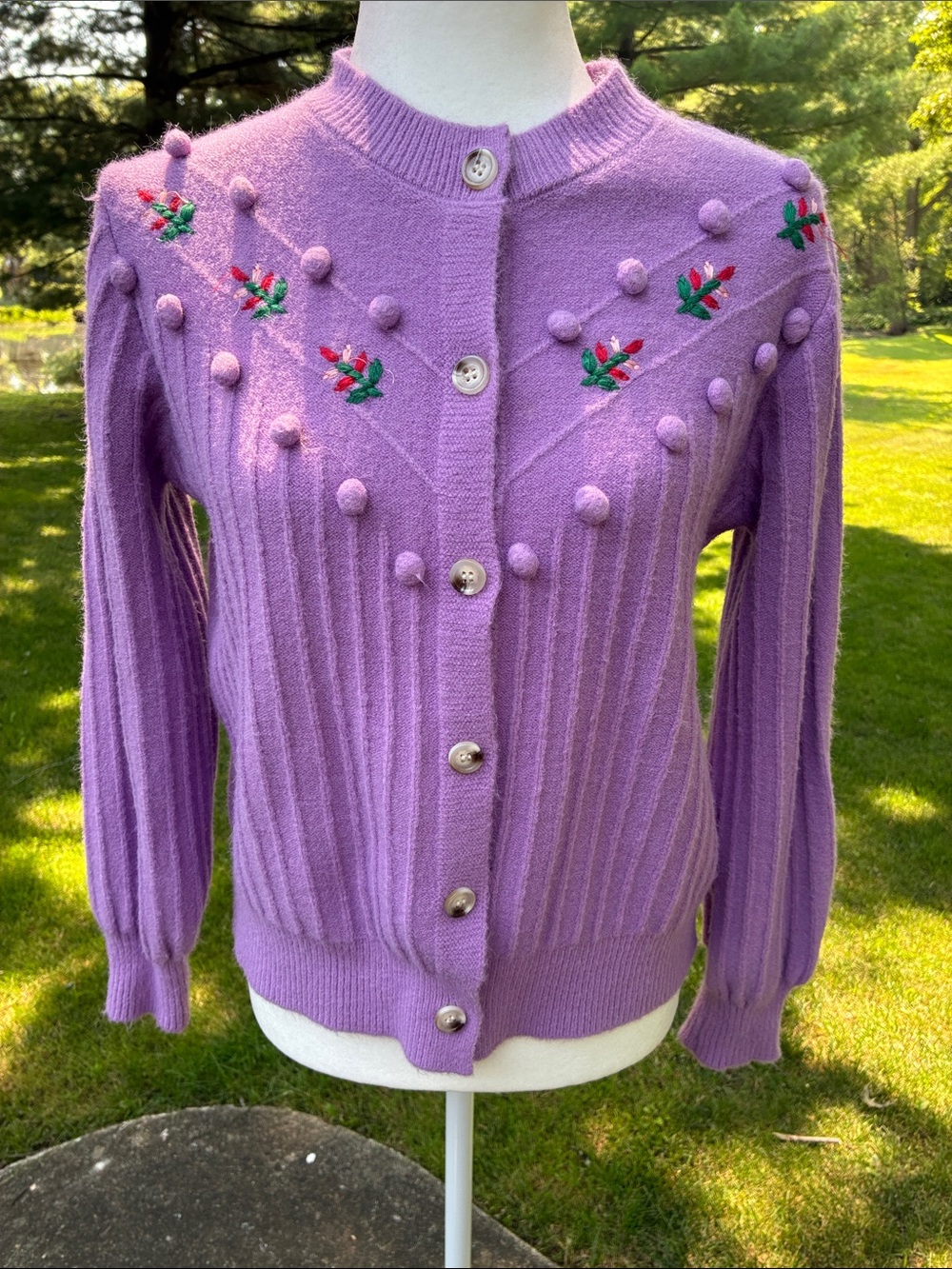 Vintage Lavender Pom-Pom Embroidered Cardigan Sweater